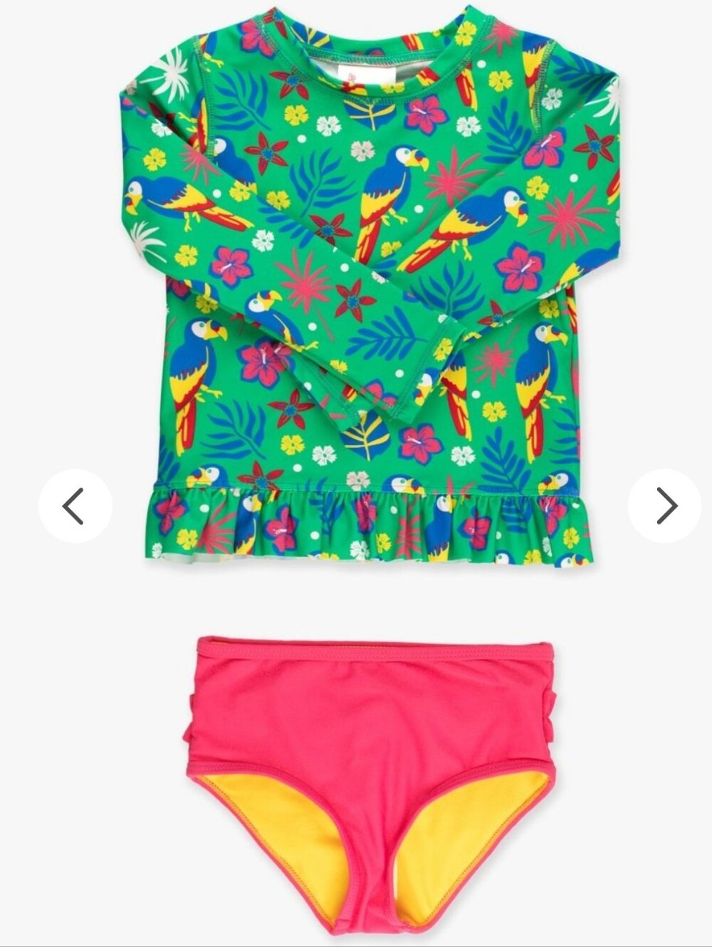 RuffleButts Toddler Girls UPF50+ Long Sleeve Rash Guard Bikini - Parrot Palms 3T